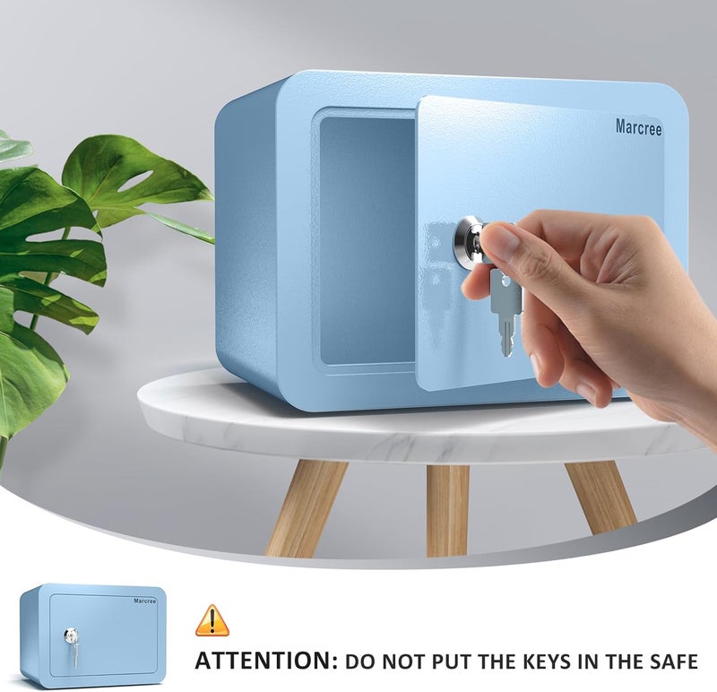 Marcree Mini Safe Box, 0.23 Cub Home Safes for Kids, Steel Money Box with Key Lock, Small Safes for Money Cash Valueables, Stylish Security Safe for Gifts, 6.69 x 9.06 x 6.69 Inches, Blue - Image 4